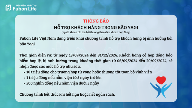 Fubon Life Việt Nam hỗ trợ khách hàng vùng bão Yagi